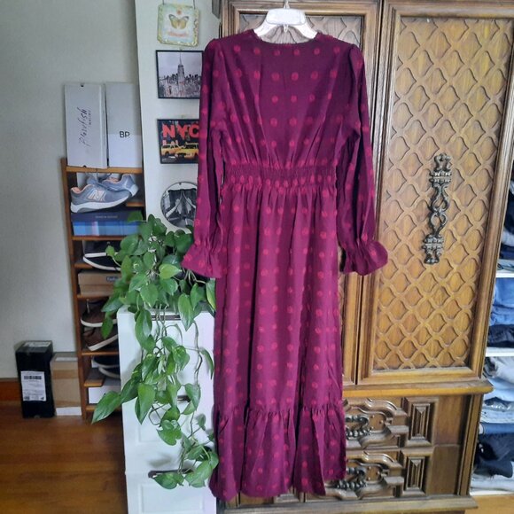 Button Down Smocked Swiss Dot Ruffle Tiered Boho Maxi Dress NWT! - Wine/Red, S - Picture 7 of 16